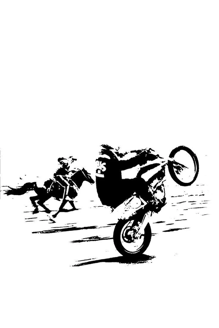 Motorcycle rider doing a wheelie alongside horse riders