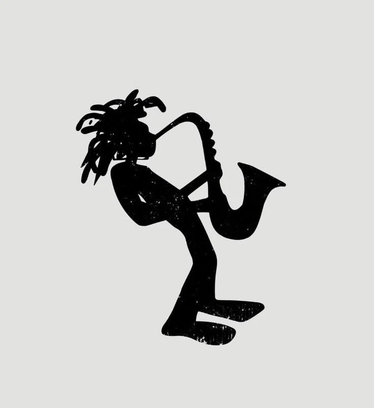 A black illustrated figure playing the saxophone